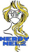 Nerdy Nele Logo - Stilisierte Büste mit langen blonden Haaren und Gaming-Controller als Gesicht