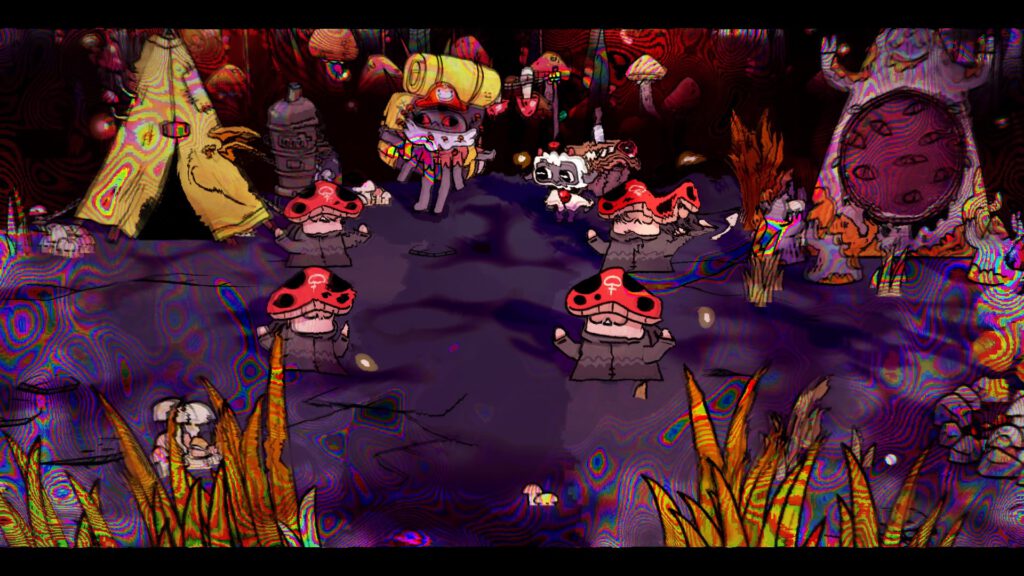 Screenshot von Sozo dem Pilzwesen. Alles ist verschwommen.